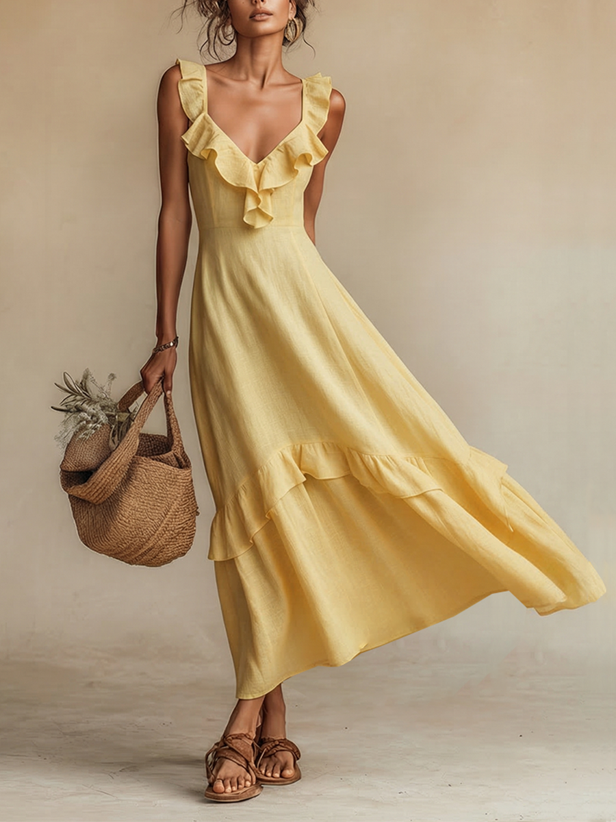 Ruffle V Neck Tiered Hem Sleeveless Linen Sundress