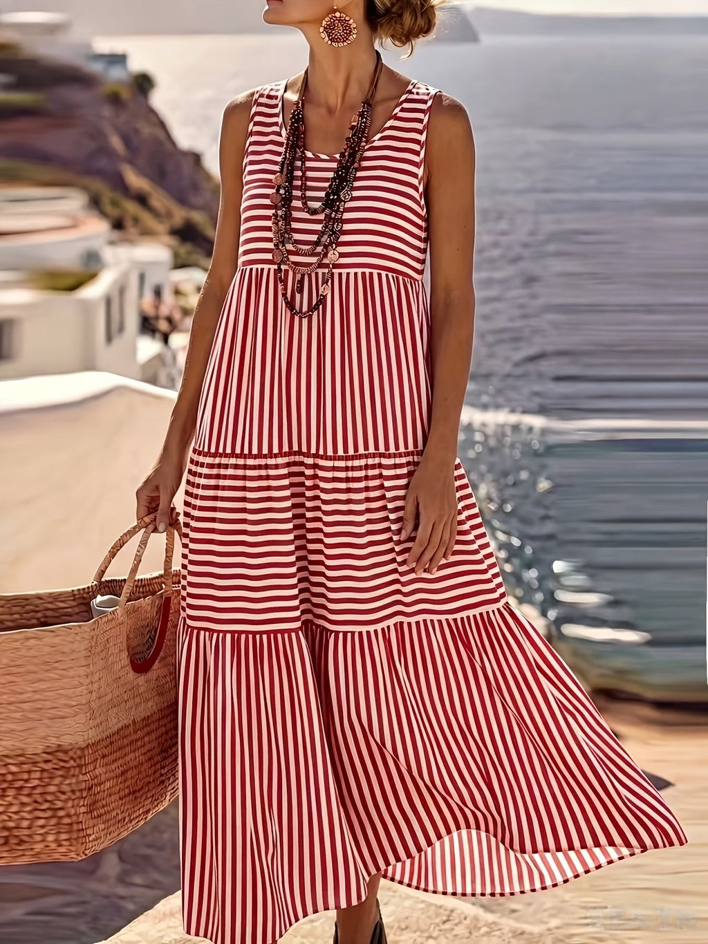 Striped Sleeveless Tiered Sundress for Vacation Style
