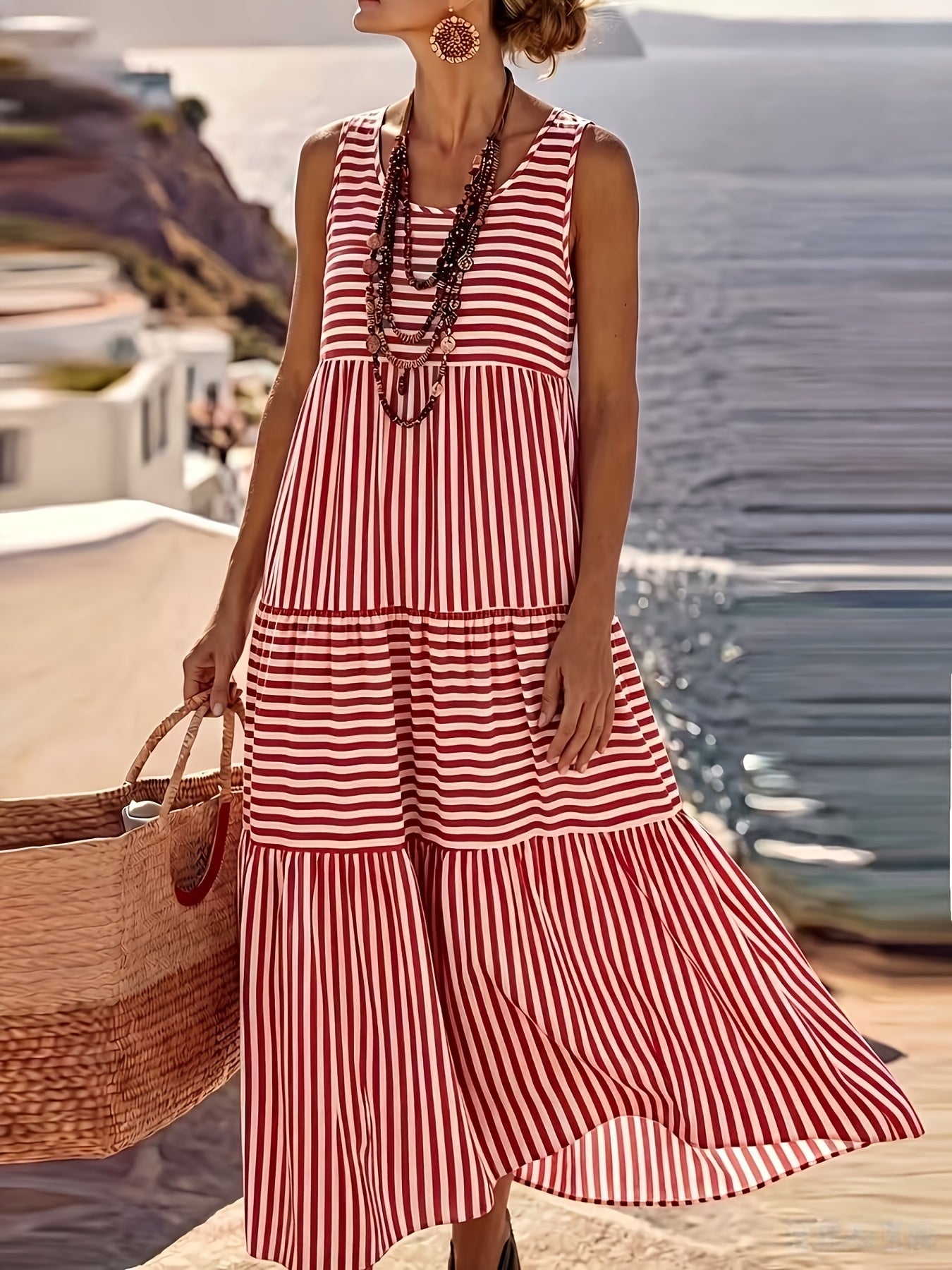 Striped Sleeveless Tiered Sundress for Vacation Style