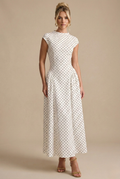Polka Dot Cap Sleeve Pleated A Line Maxi Dress - Wedding Guest