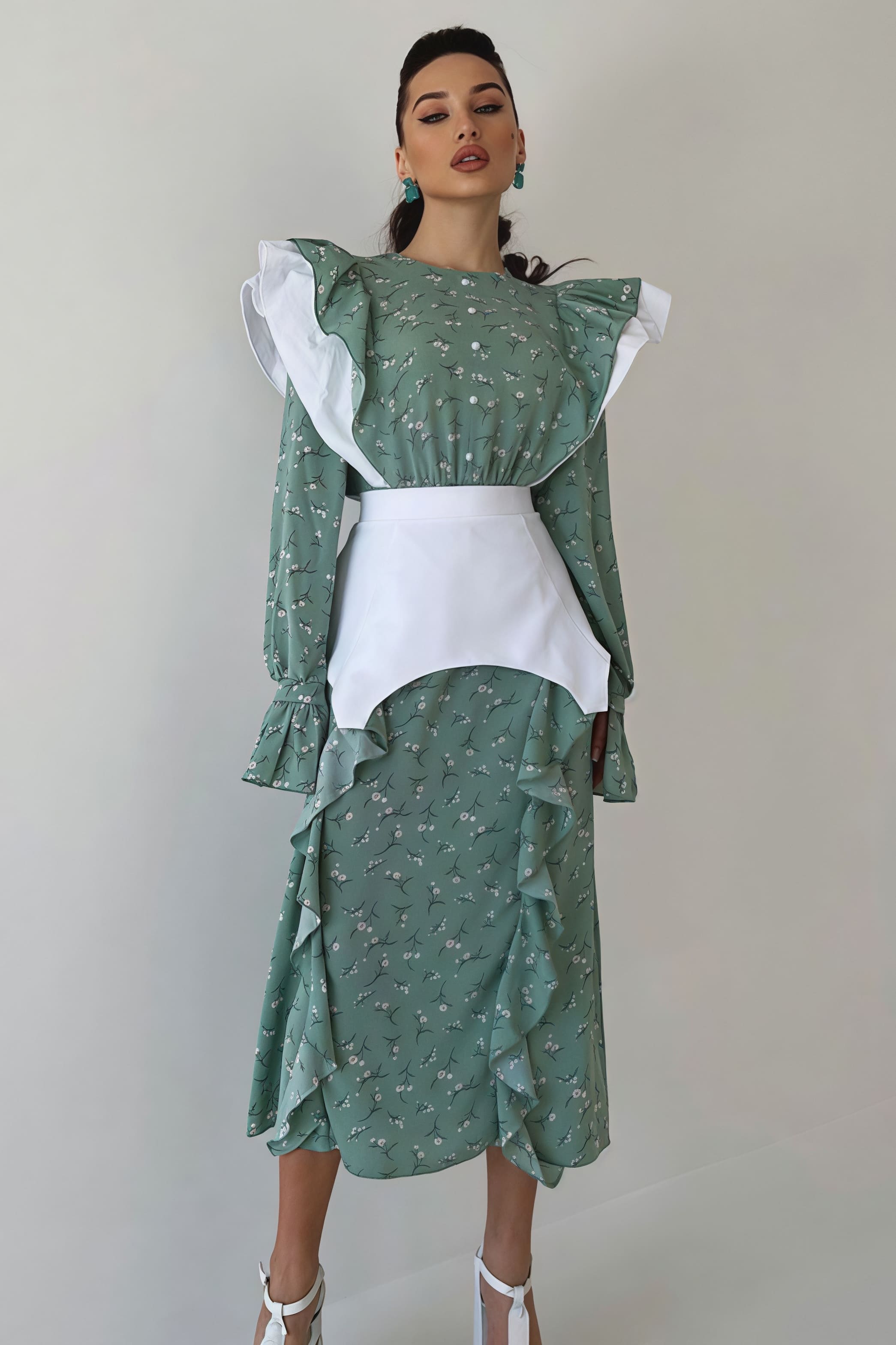 Detachable Waistband Long Sleeve Floral Skirt Set