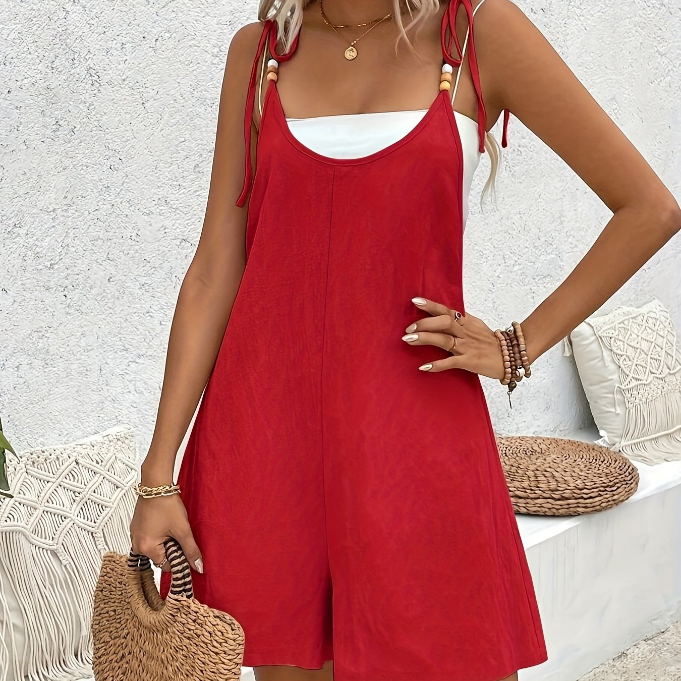 Beaded Tie Strap Scoop Neck Loose Casual Short Romper