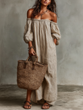 Striped Off Shoulder Puff Sleeve Casual Linen Maxi Dress
