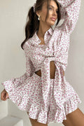 Floral Long Sleeve Lapel Ruffle Shorts Two Piece Set