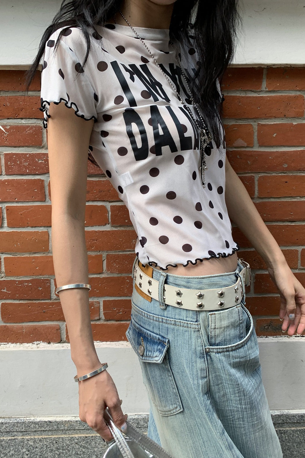Mesh Polka Dot Letter Crop T-shirt