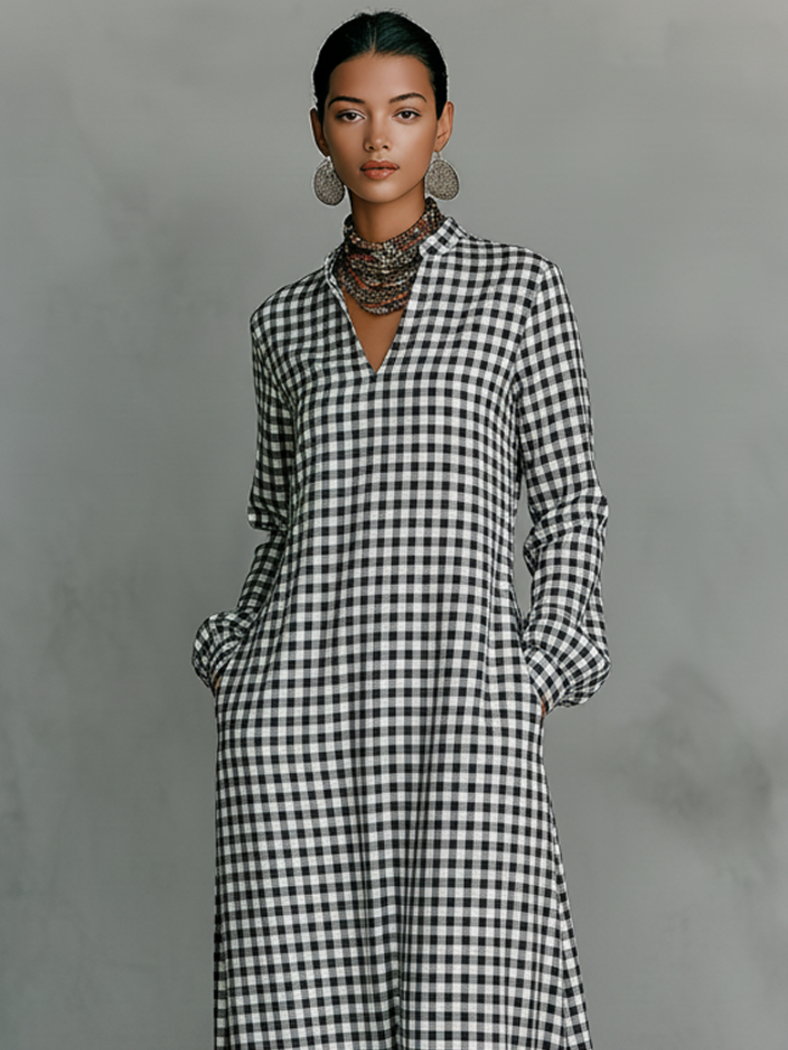 Gingham Check V Neck Long Sleeve Casual Maxi Dress