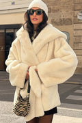 Woman wearing Belted Hooded Faux-Fur Coat from Hicosy