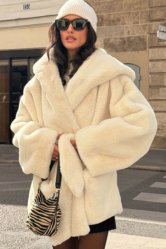 Woman wearing Belted Hooded Faux-Fur Coat from Hicosy