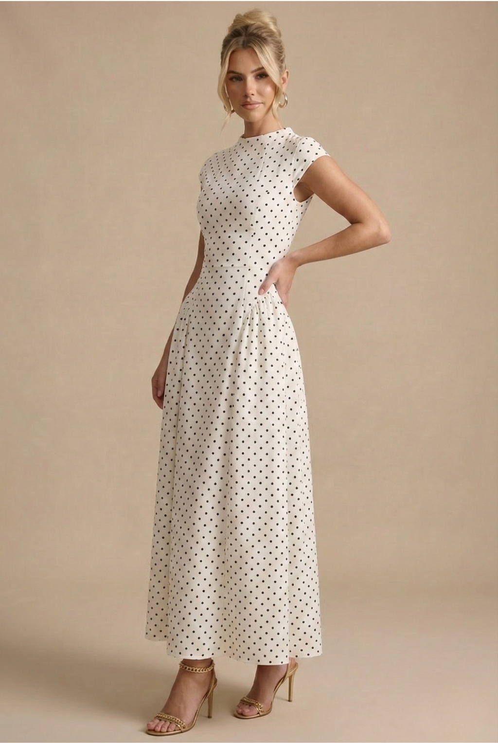 Polka Dot Cap Sleeve Pleated A Line Maxi Dress - Wedding Guest