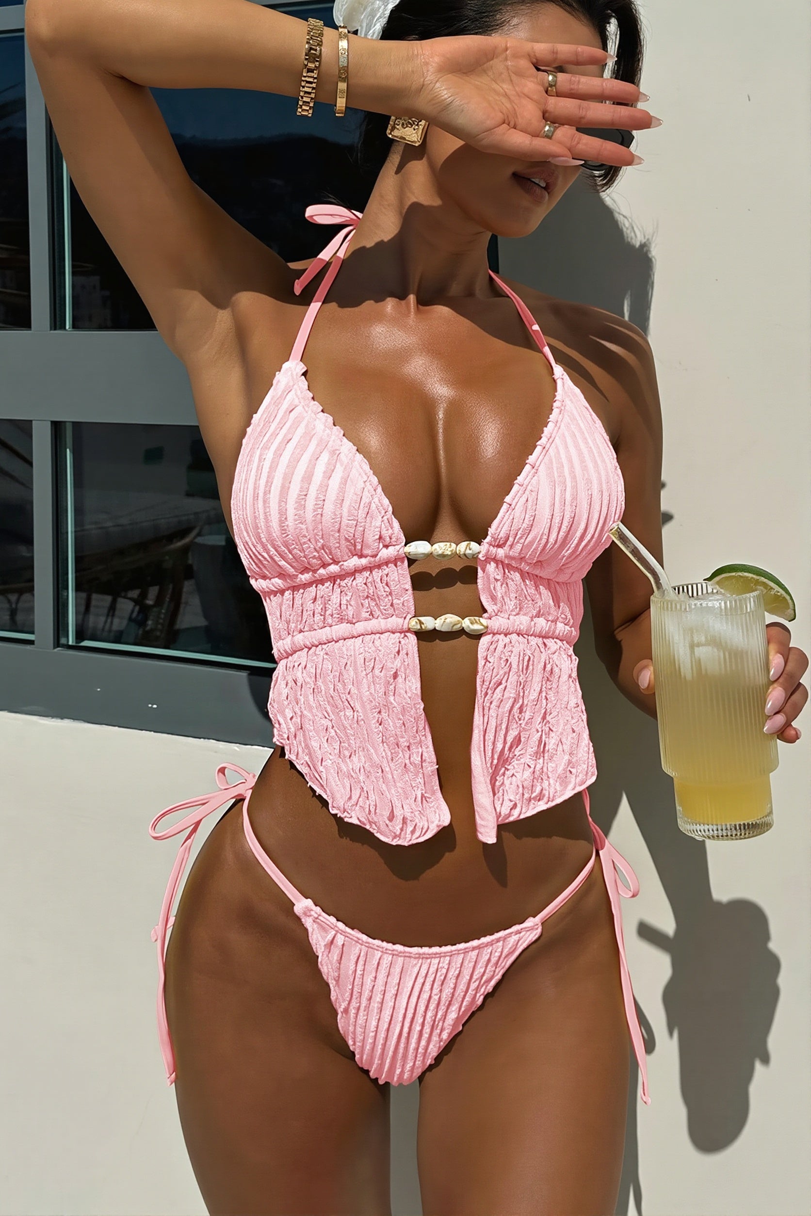 Pearl Ruffle Texture Two Piece Swim Set