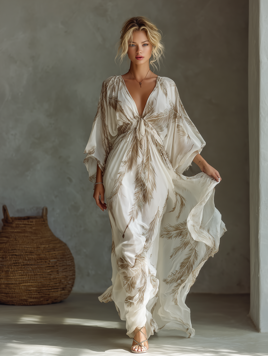 Feather Print Twist Front Batwing Sleeve Flowy Maxi Dress