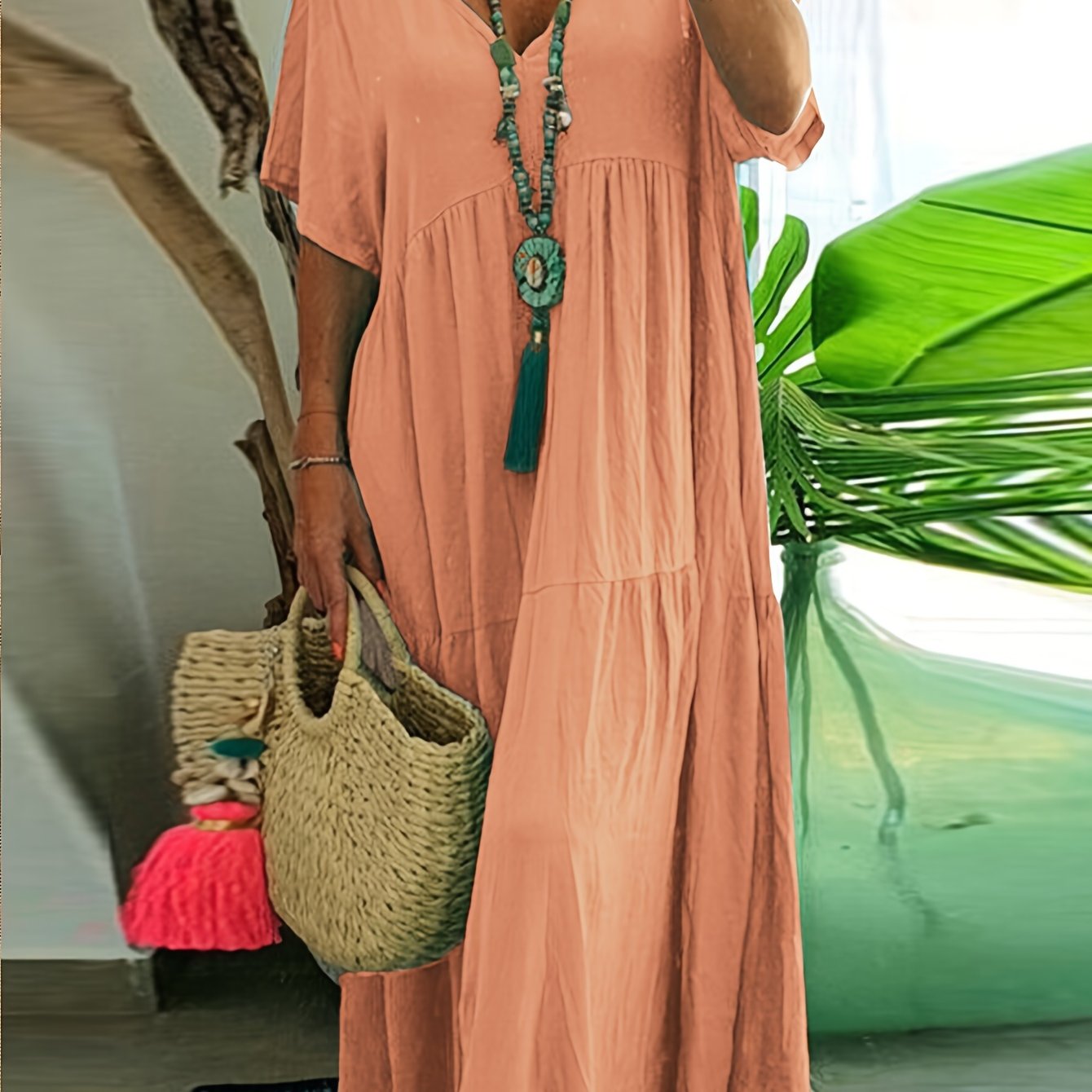 Flowy V Neck Tiered Cotton Maxi Dress for Plus Size