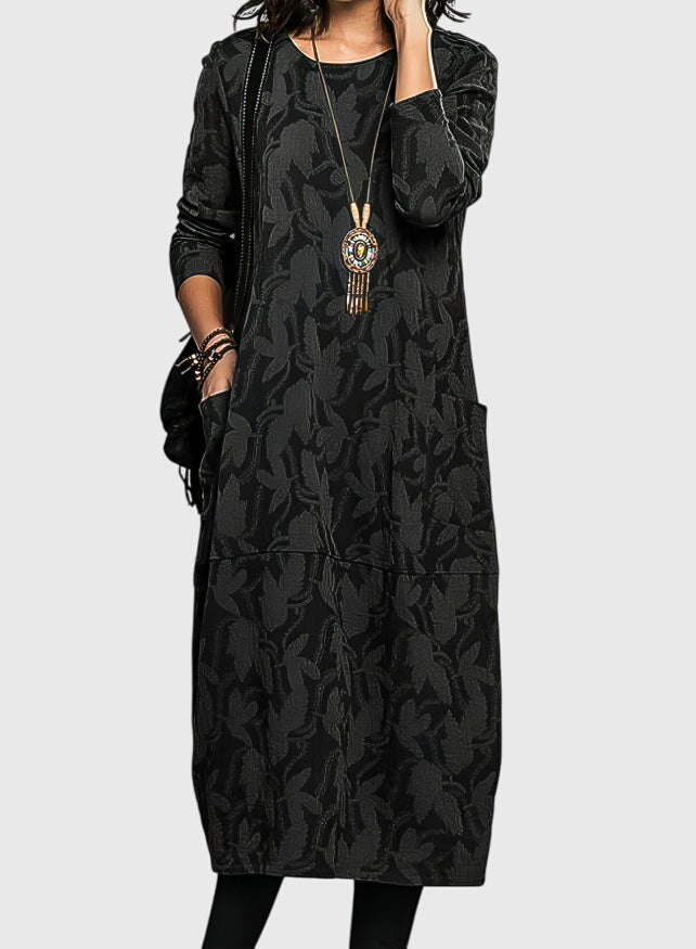 Floral Jacquard Casual Midi Dress with Pockets