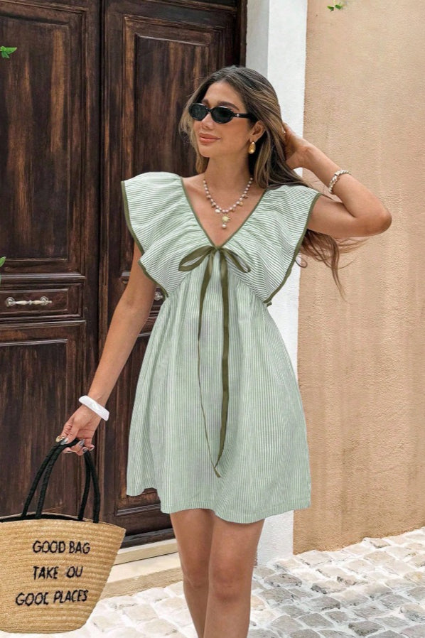 Striped V Neck Ruffle Flutter Sleeve Mini Dress