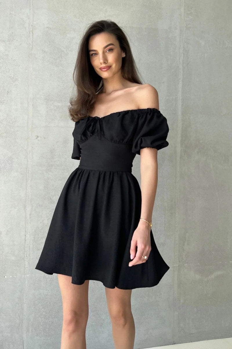 Off Shoulder Puff Sleeve Tie Mini Dress