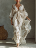 Feather Print Twist Front Batwing Sleeve Flowy Maxi Dress
