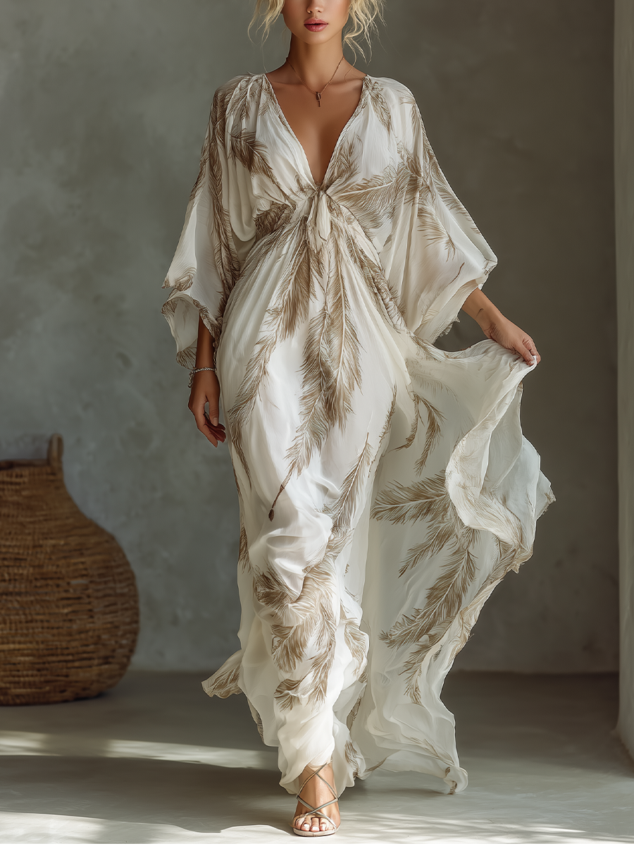 Feather Print Twist Front Batwing Sleeve Flowy Maxi Dress