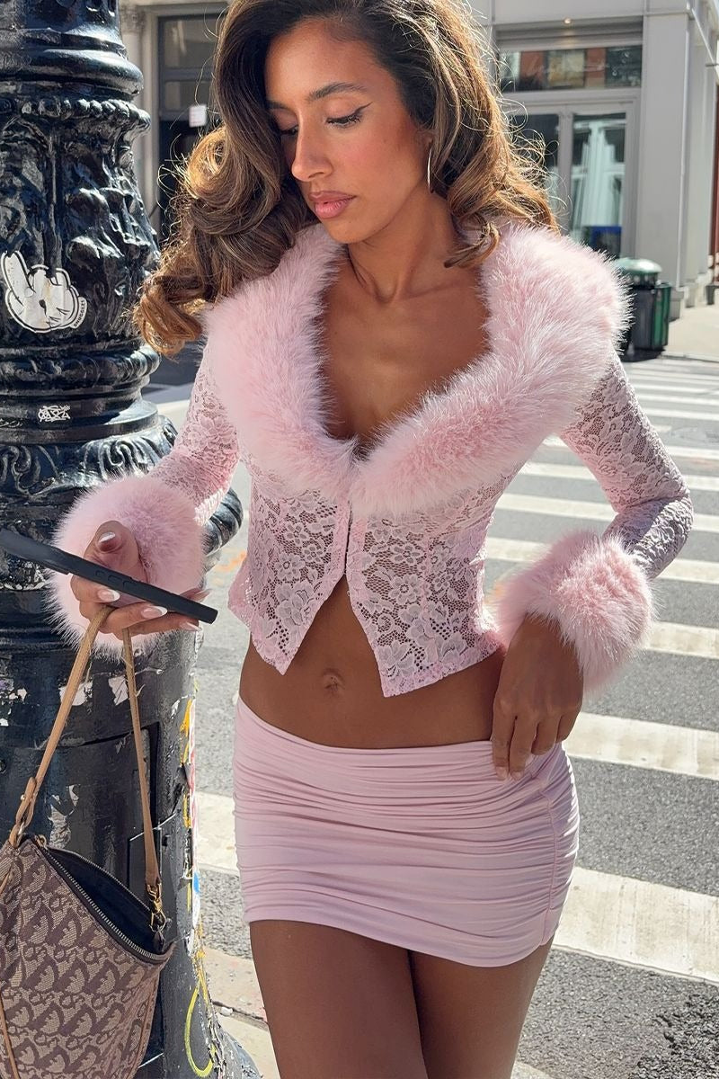 Pink lace fleece long-sleeve two-piece set from Hicosy — view 4