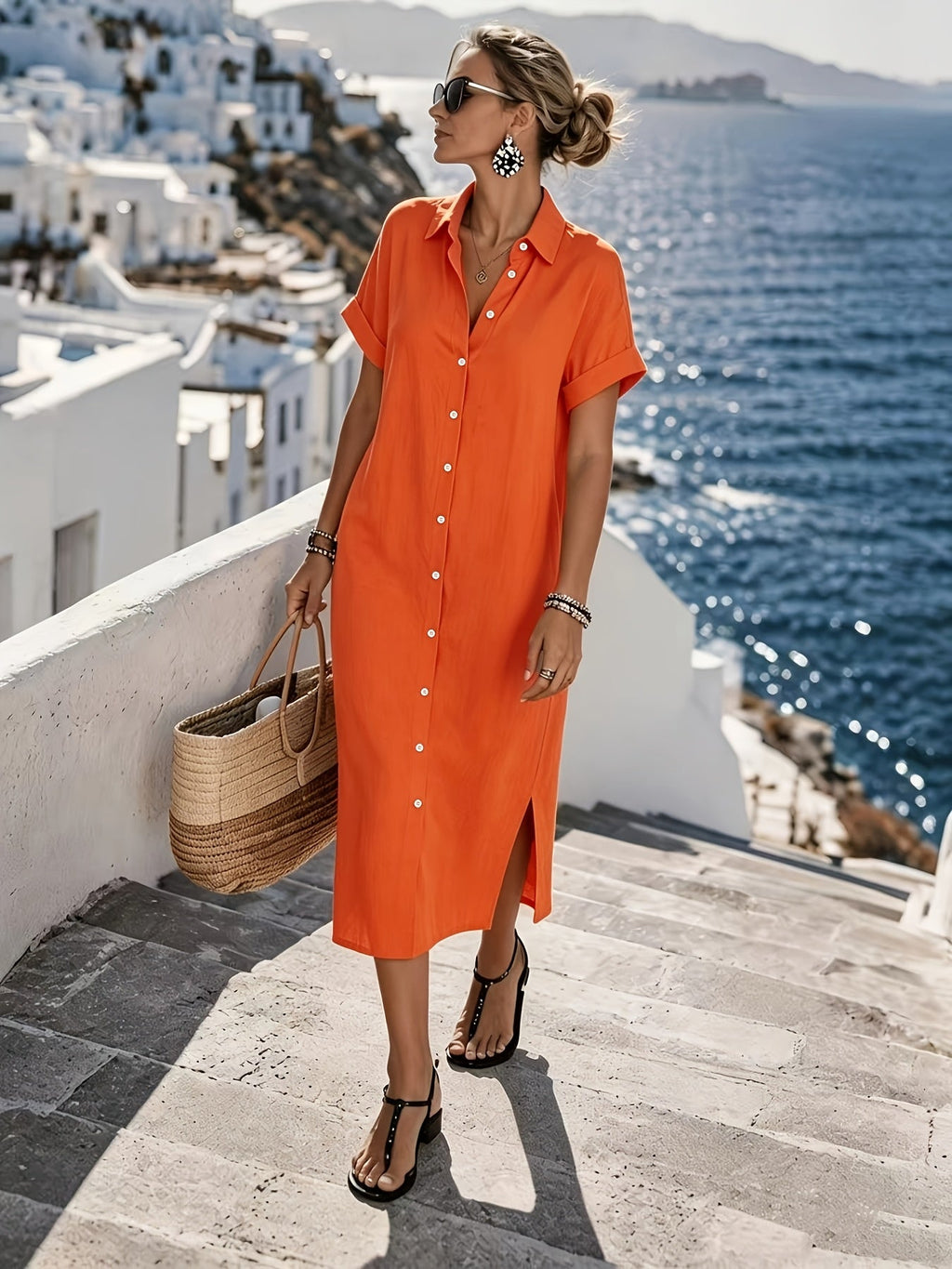 Button-Front Short Sleeve Shirt Dress for Vacation