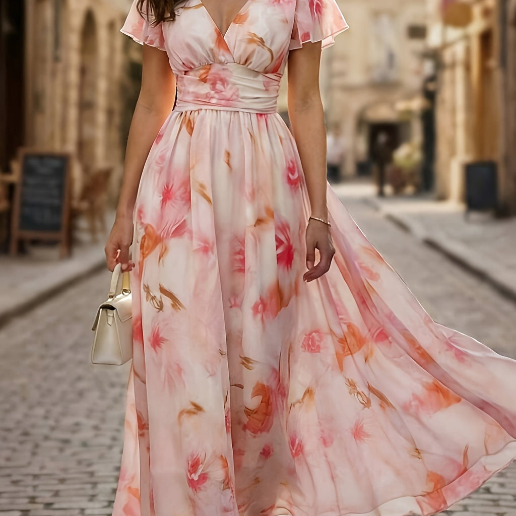 Floral Flutter Sleeve Deep V Neck Flowy Maxi Dress - Wedding Guest