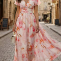 Floral Flutter Sleeve Deep V Neck Flowy Maxi Dress - Wedding Guest
