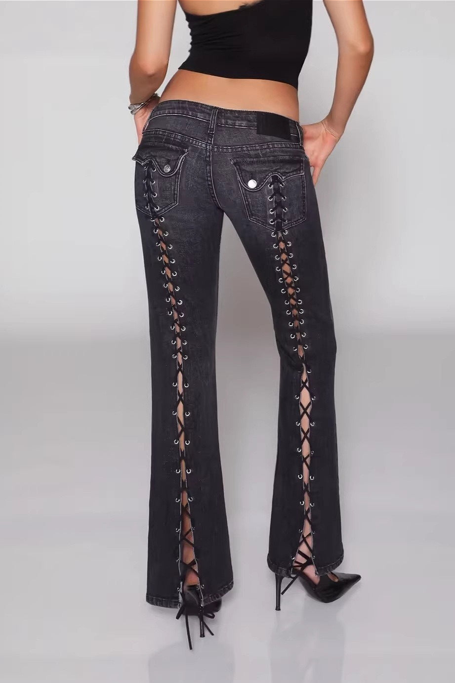 Open Back Lace Up Y2K Flare Jeans