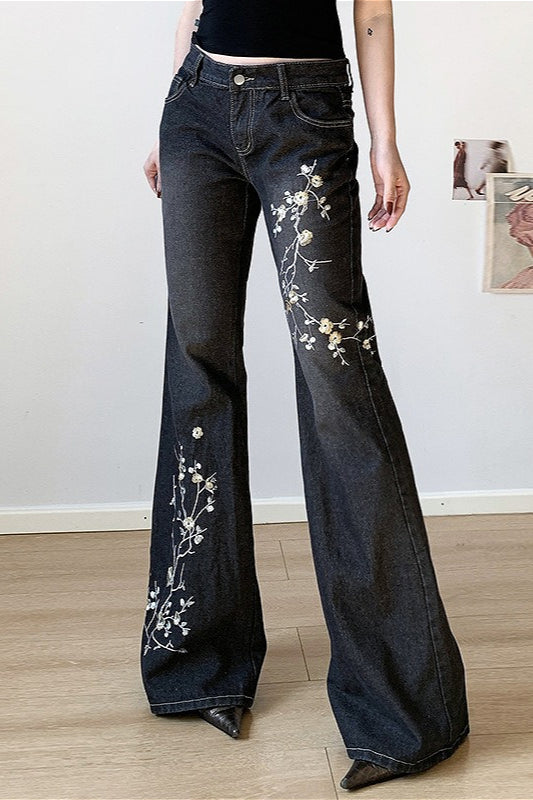 Plant Embroidered Low Waist Flare Jeans