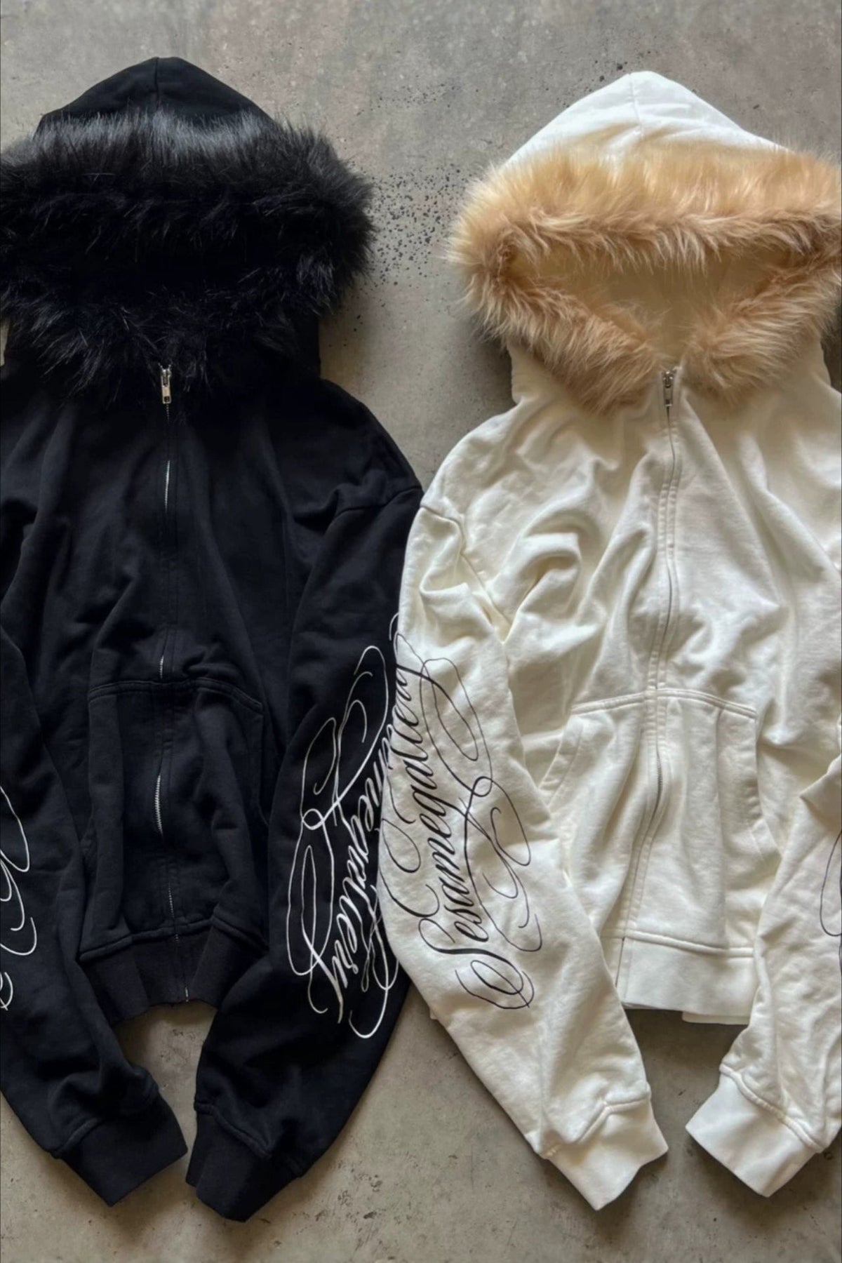 Woman wearing Letter-Print Faux-Fur Collar Hoodie from Hicosy