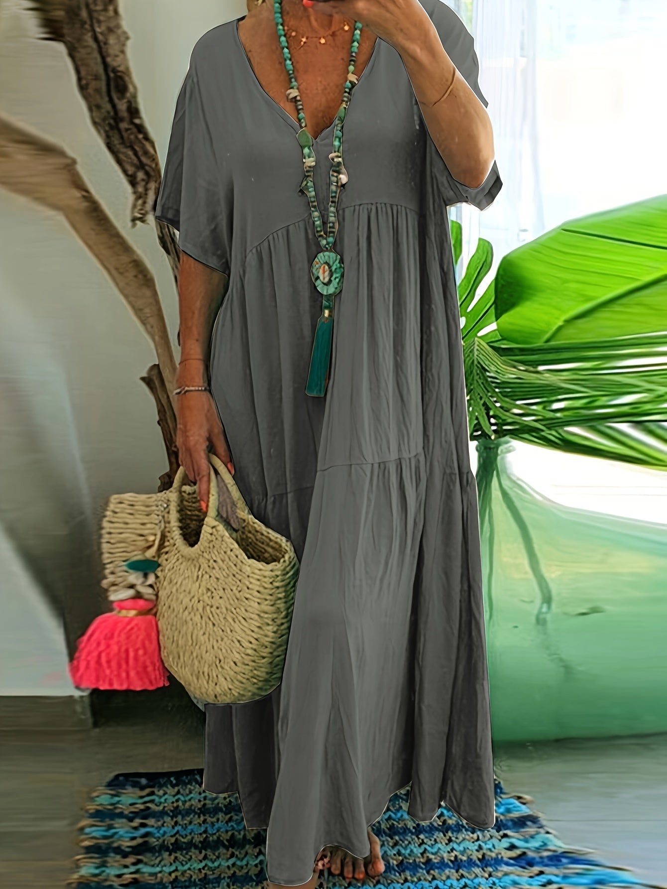 Flowy V Neck Tiered Cotton Maxi Dress for Plus Size