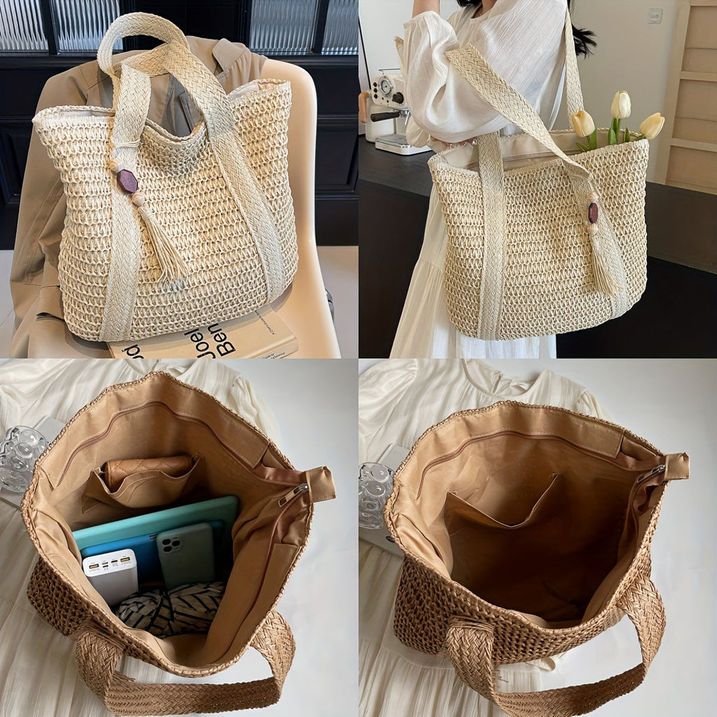 Woven Straw Tote Bag with Fringe Tassel Detail