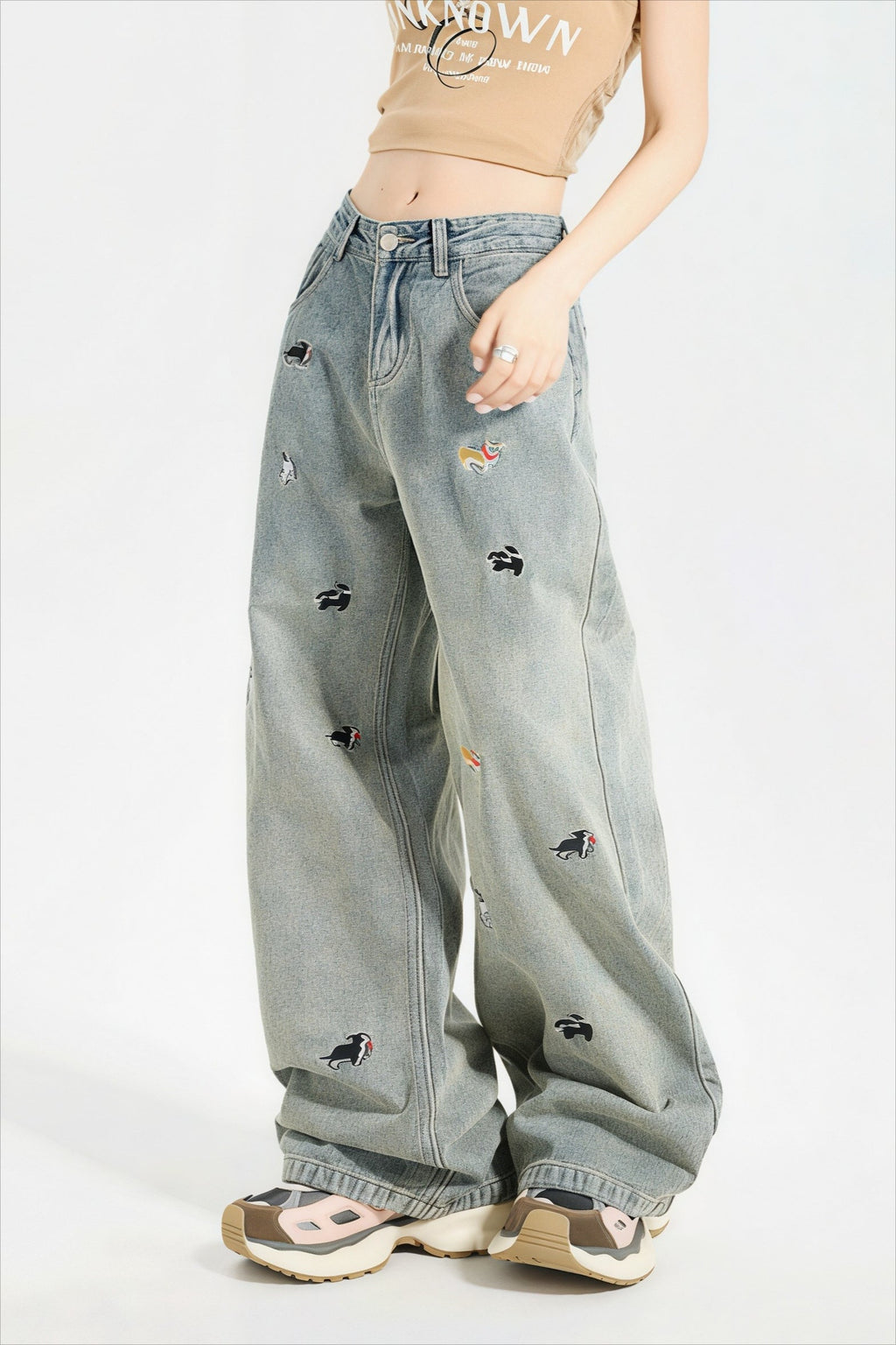 Cute Dog Embroidered Vintage Loose Jeans