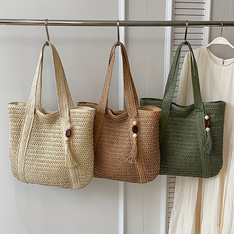 Woven Straw Tote Bag with Fringe Tassel Detail