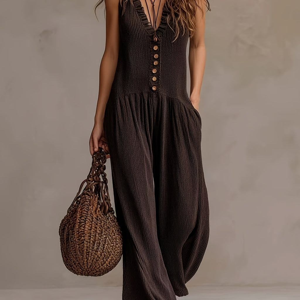 Ruffle V Neck Button Front Smocked Waist Wide Leg Jumpsuit