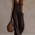 Ruffle V Neck Button Front Smocked Waist Wide Leg Jumpsuit