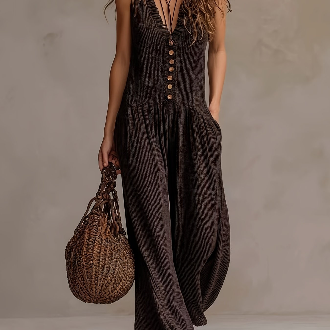 Ruffle V Neck Button Front Smocked Waist Wide Leg Jumpsuit