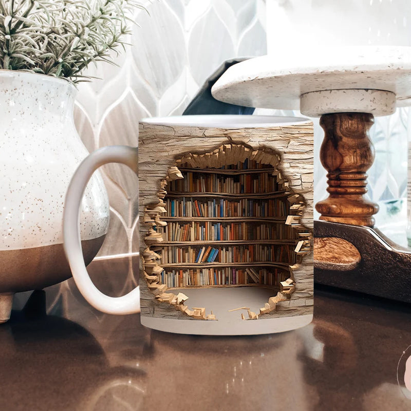 3D Library Bookshelf Mug | Coffee Mugs Gift for Book Lovers