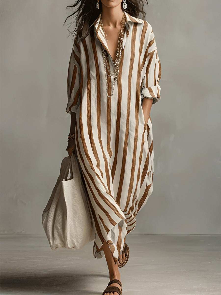 Striped V Neck Long Sleeve Casual Maxi Dress