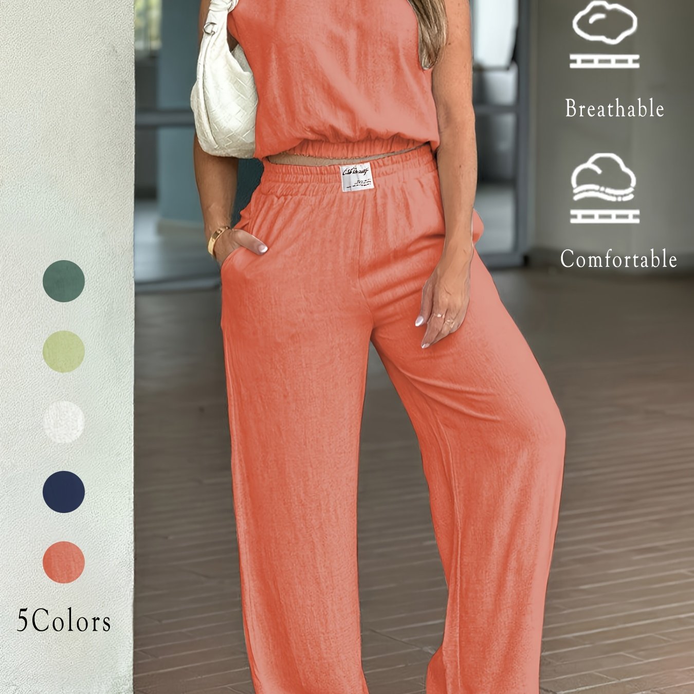 Linen Crew Neck Sleeveless Crop Top and Wide Leg Pants Set