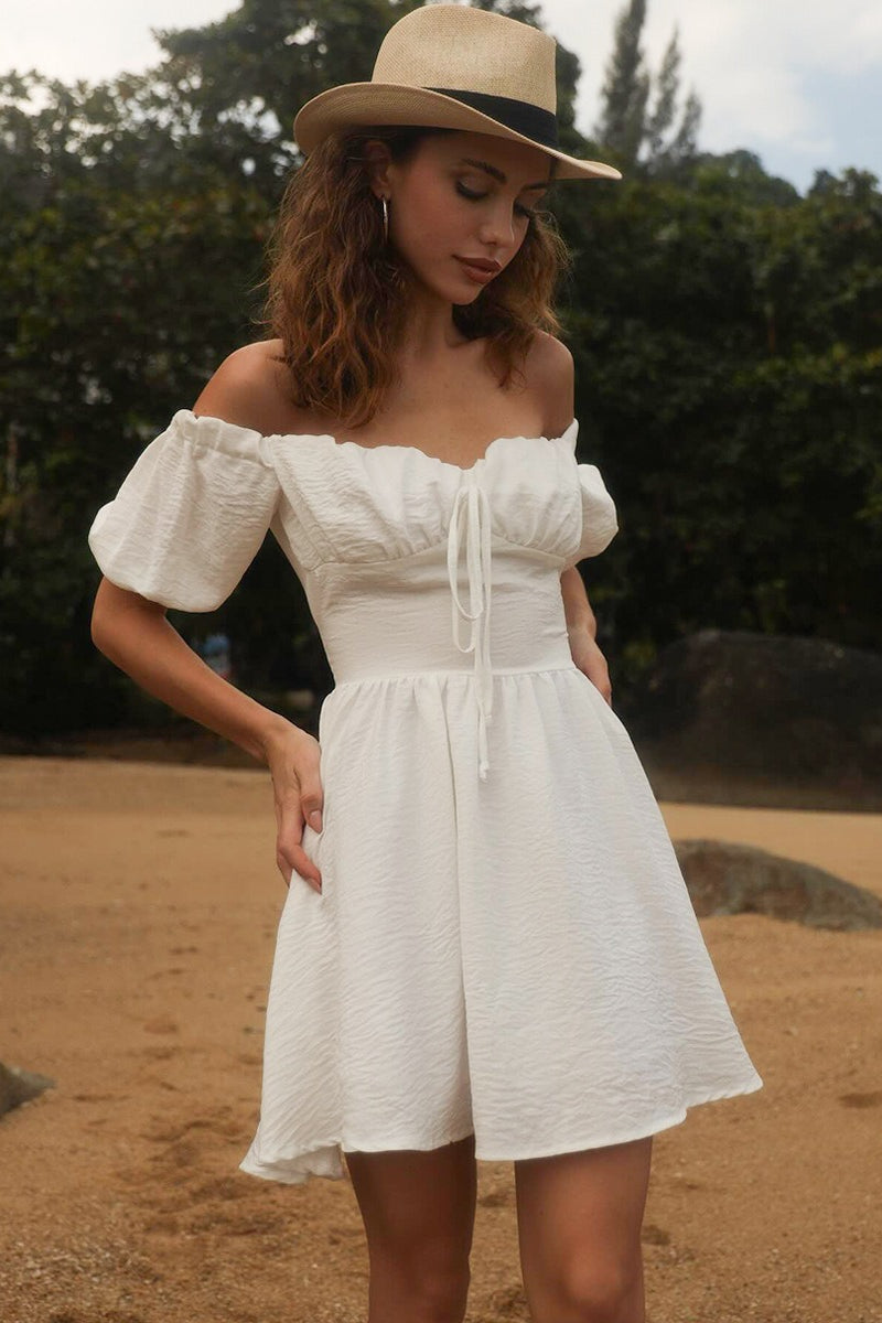 Off Shoulder Puff Sleeve Tie Mini Dress