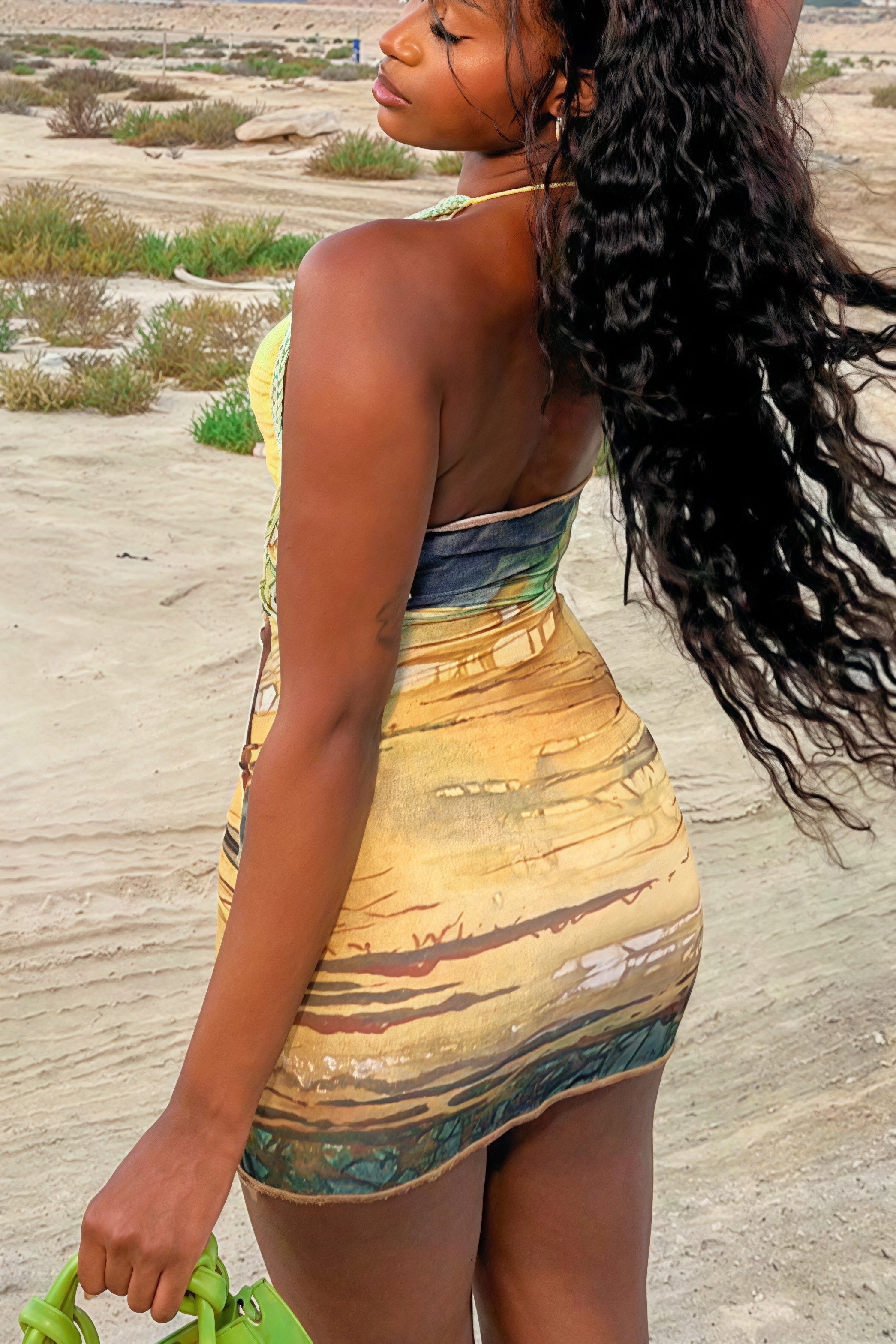 Printed Knit Deep V Halter Mini Dress