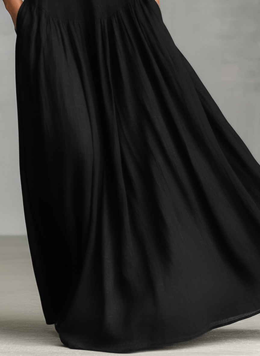 Button Placket Stand Collar Sleeveless Flowy Maxi Dress