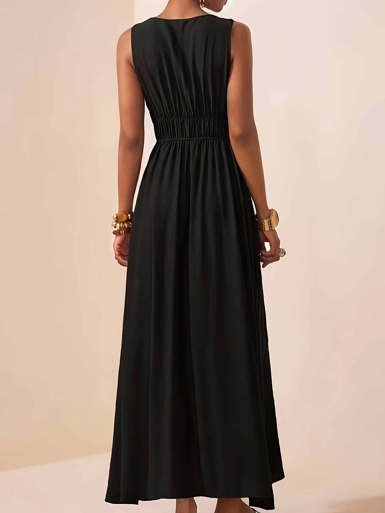 Gold Ring Strap Ruched Bust V Neck Flowy Maxi Dress