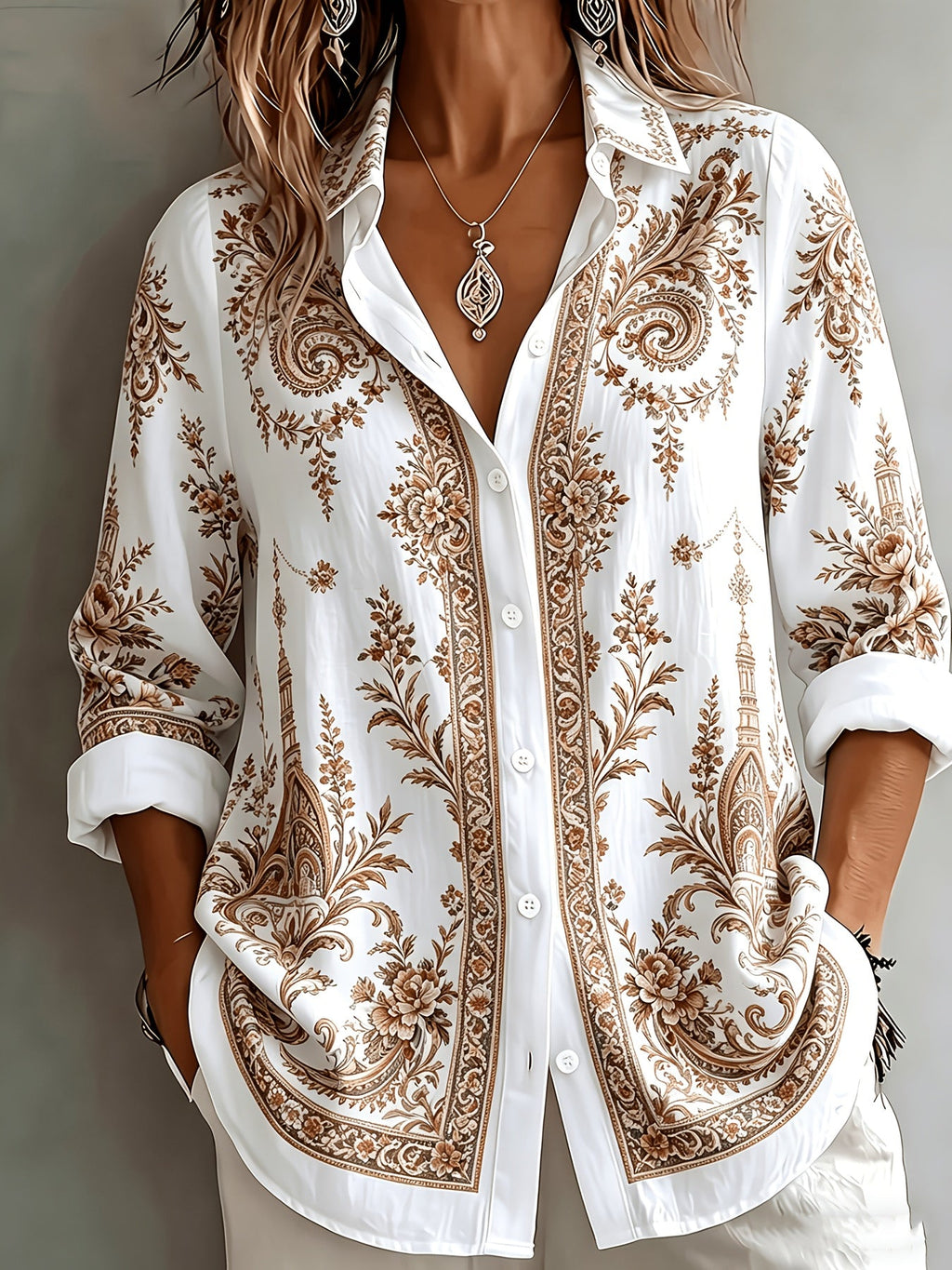 Floral Paisley Print Long Sleeve Oversized Casual Blouse