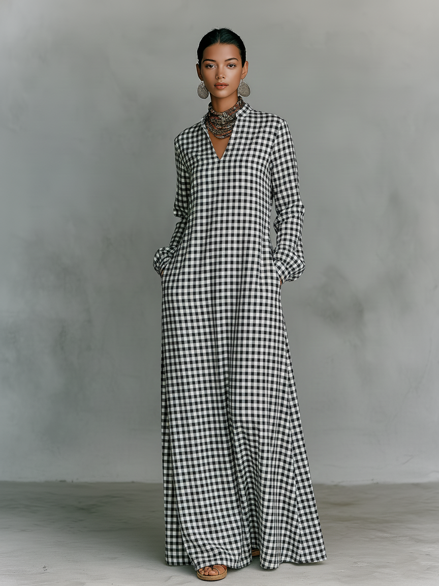 Gingham Check V Neck Long Sleeve Casual Maxi Dress