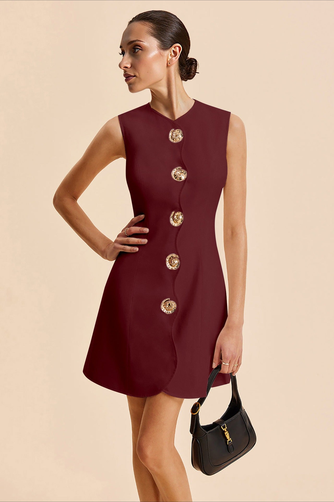 Round Neck Buttoned Solid Mini Dress