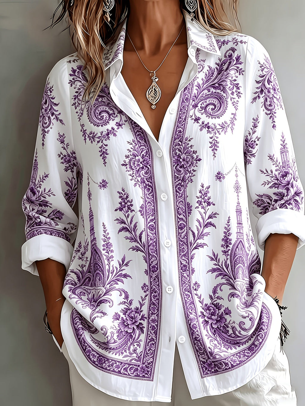 Floral Paisley Print Long Sleeve Oversized Casual Blouse
