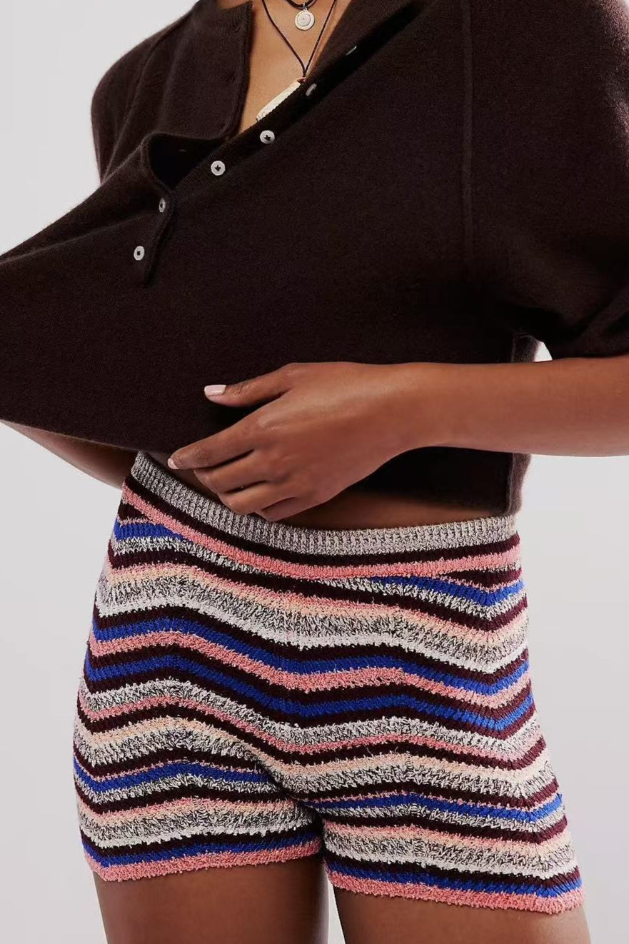 Rainbow Color Block Knit Slim Shorts