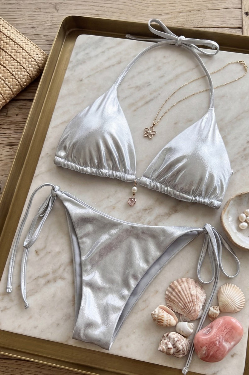 Shiny Silver Halter Bikini Two Piece Sport Style Bikini Sets