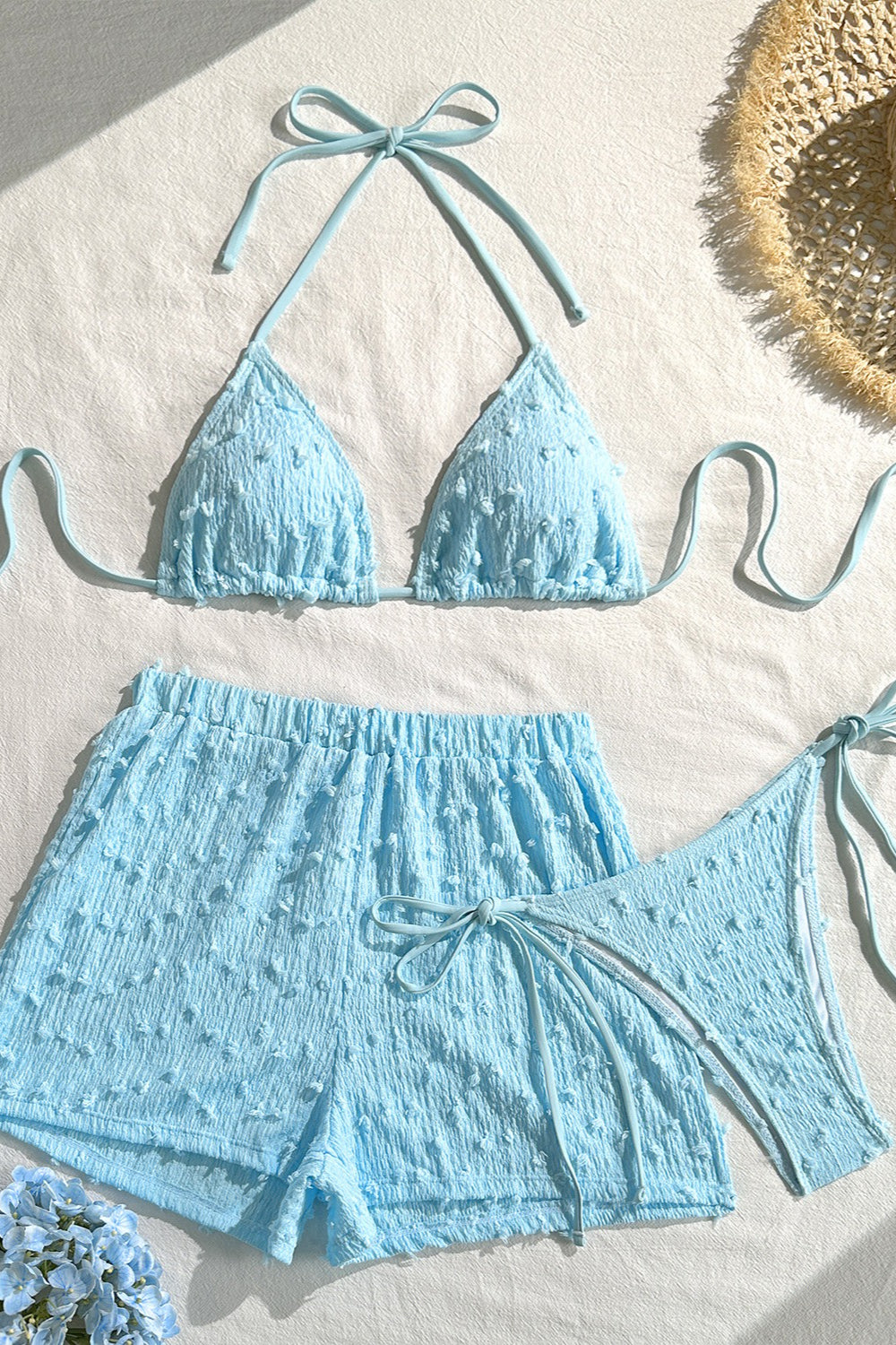 Solid Halter Lace Up Three Piece Swim Set