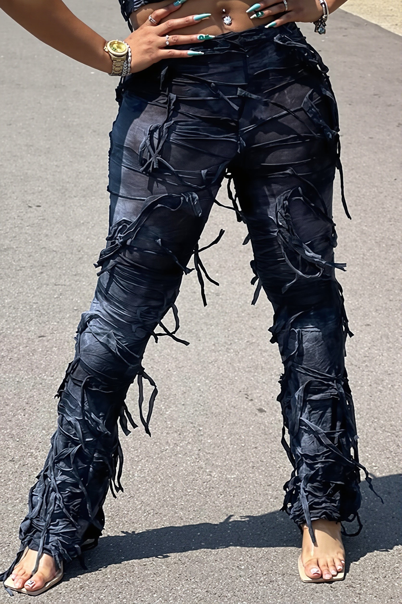 Ripped Fringe Tie Flared Pants
